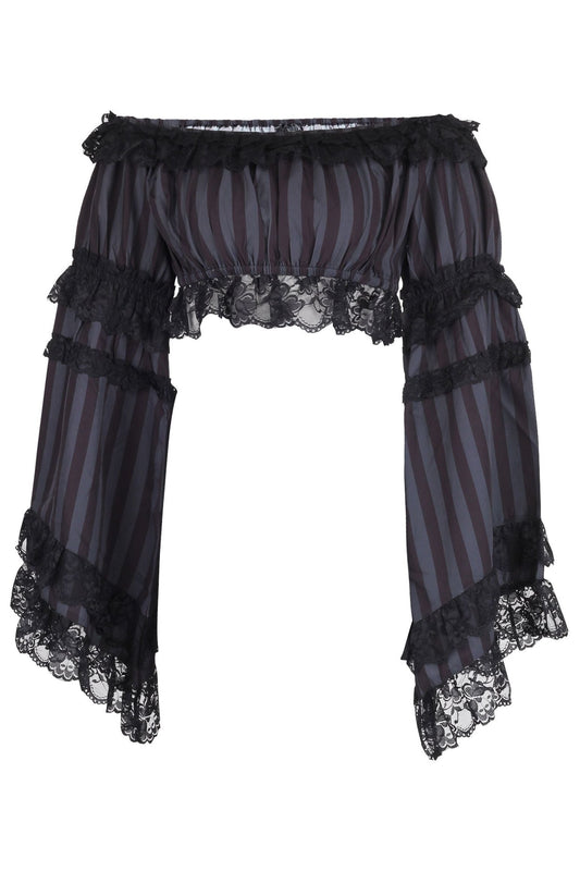 Black/Grey Striped Smocked Flare Sleeve Peasant Top