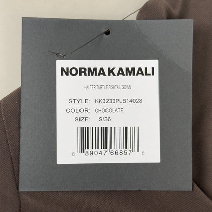 NORMA KAMALI Halter Turtle Fishtail Gown 4-Way Stretch Womens Sz S/36 Chocolate