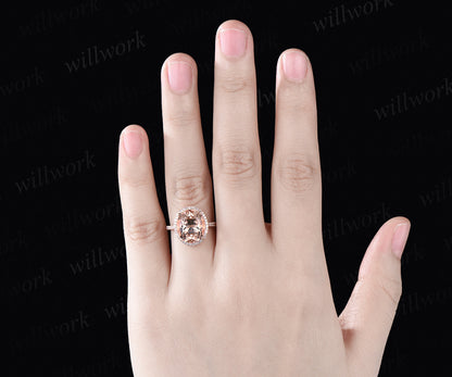 Unique 10x12mm Oval Cut Natural Morganite Engagement Ring Moissanite Diamond Halo Bridal Ring 14k Rose Gold Custom Anniversary Jewelry Gift