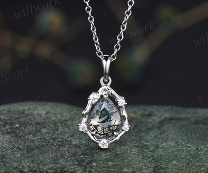 Vintage teardrop moss agate pendant necklace art deco moissanite diamonds halo pendant sterling silver necklace for women mother gifts