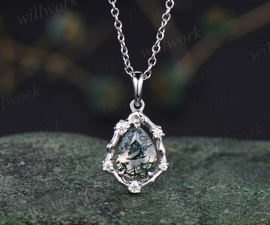 Vintage teardrop moss agate pendant necklace art deco moissanite diamonds halo pendant sterling silver necklace for women mother gifts