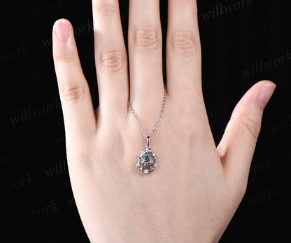 Vintage teardrop moss agate pendant necklace art deco moissanite diamonds halo pendant sterling silver necklace for women mother gifts