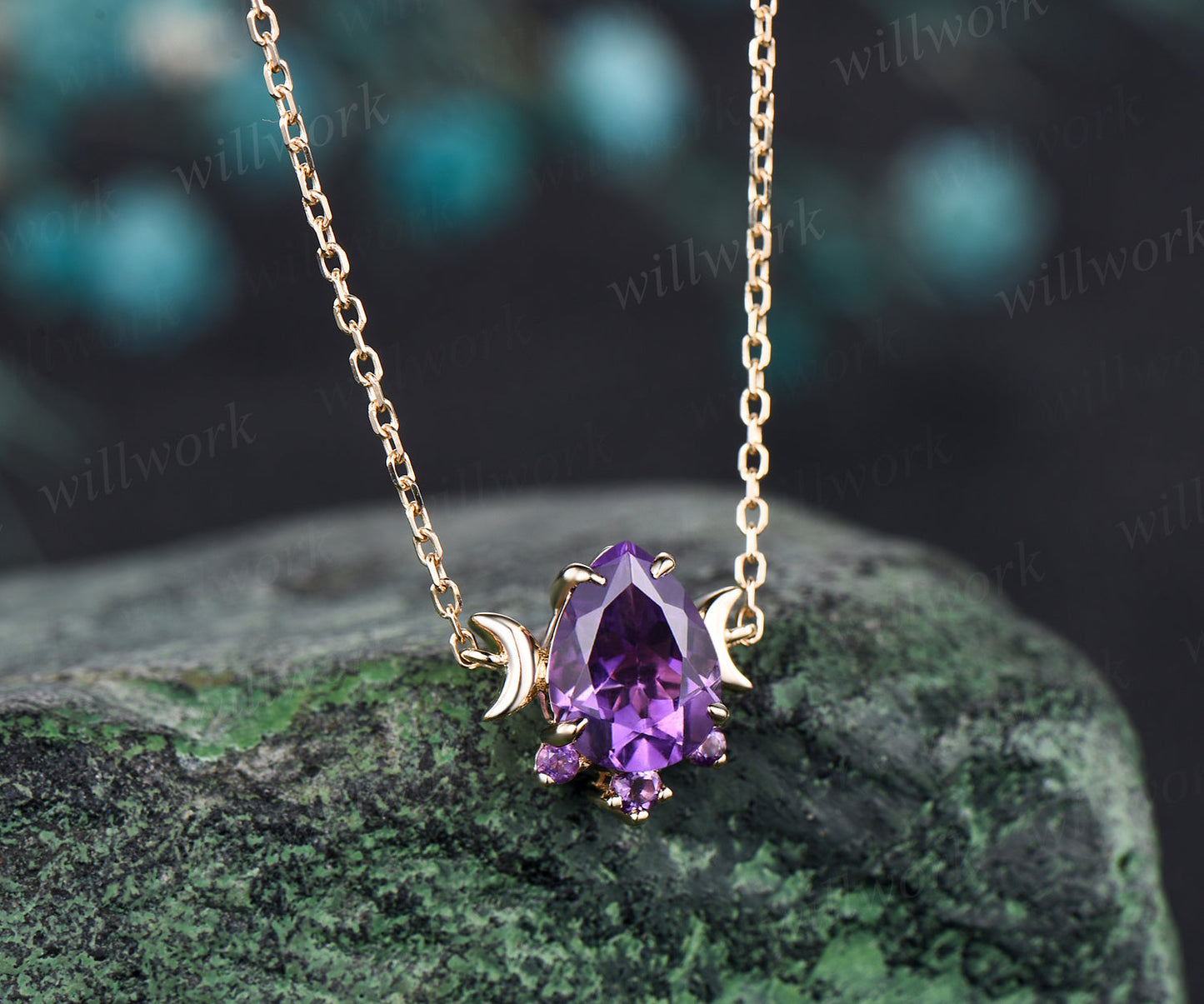 Teardrop natural amethyst necklace unique moon dainty necklace pendant 14k yellow gold mother bridal anniversary gift