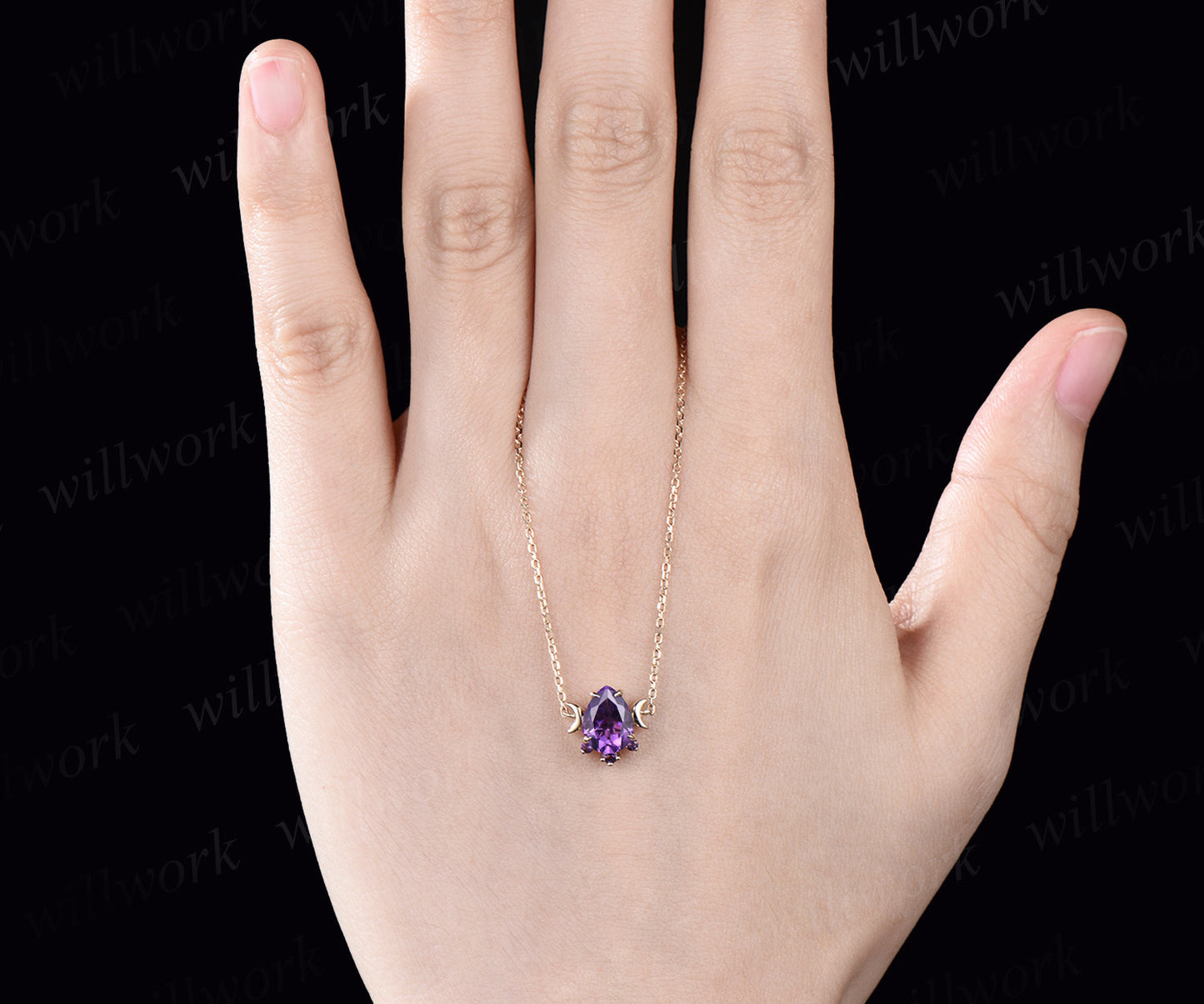 Teardrop natural amethyst necklace unique moon dainty necklace pendant 14k yellow gold mother bridal anniversary gift