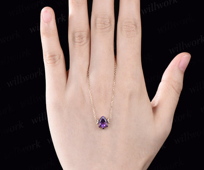 Teardrop natural amethyst necklace unique moon dainty necklace pendant 14k yellow gold mother bridal anniversary gift