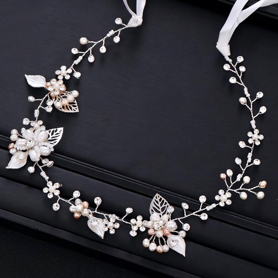 Karisa - Pearl and Crystal Bridal Headband / Vine - Available in Silver, Rose Gold and Yellow Gold