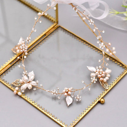 Karisa - Pearl and Crystal Bridal Headband / Vine - Available in Silver, Rose Gold and Yellow Gold