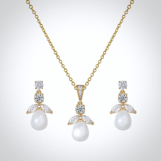 "Kathani" - Pearl and Cubic Zirconia Jewelry Set - Available in Gold and Silver