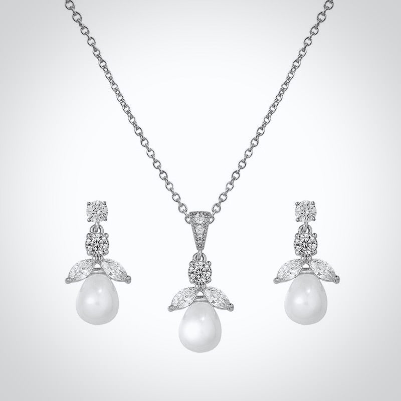 "Kathani" - Pearl and Cubic Zirconia Jewelry Set - Available in Gold and Silver