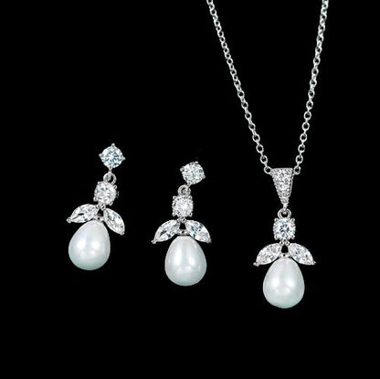 "Kathani" - Pearl and Cubic Zirconia Jewelry Set - Available in Gold and Silver