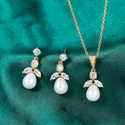 "Kathani" - Pearl and Cubic Zirconia Jewelry Set - Available in Gold and Silver