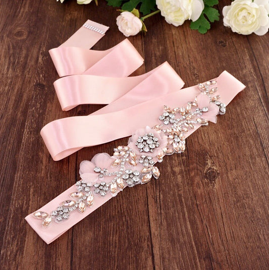 Winter Rose - Silk Flowers Blush Bridal Belt/Sash
