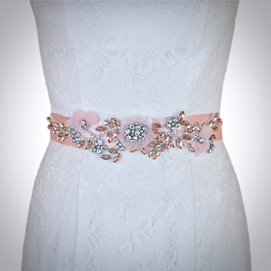 Winter Rose - Silk Flowers Blush Bridal Belt/Sash