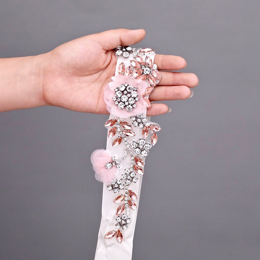Winter Rose - Silk Flowers Blush Bridal Belt/Sash