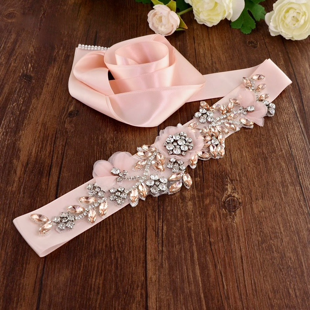Winter Rose - Silk Flowers Blush Bridal Belt/Sash