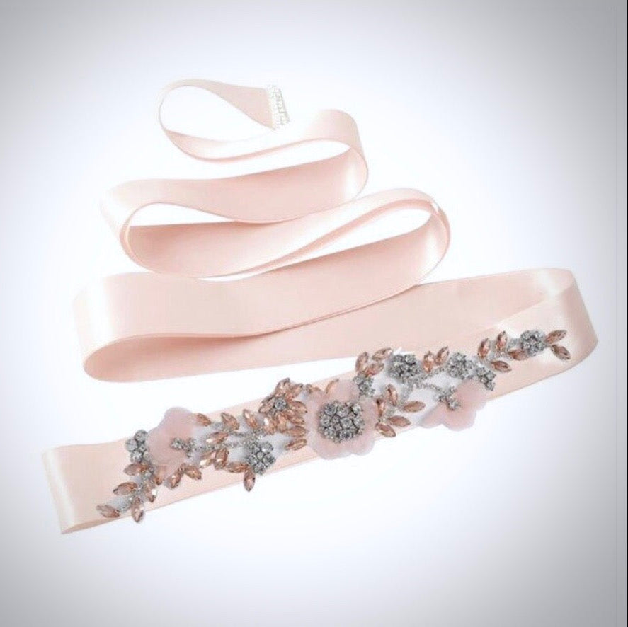 Winter Rose - Silk Flowers Blush Bridal Belt/Sash