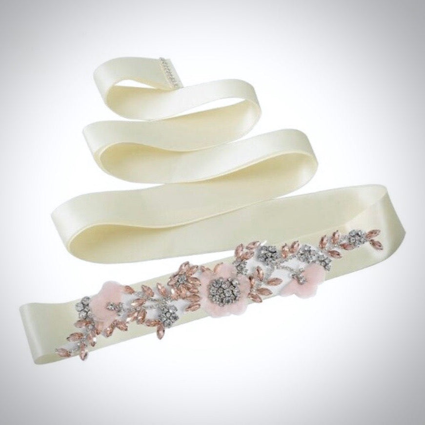 Winter Rose - Silk Flowers Blush Bridal Belt/Sash