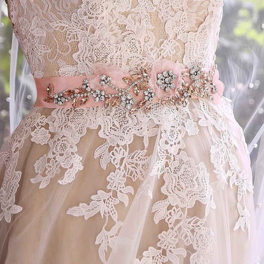 Winter Rose - Silk Flowers Blush Bridal Belt/Sash