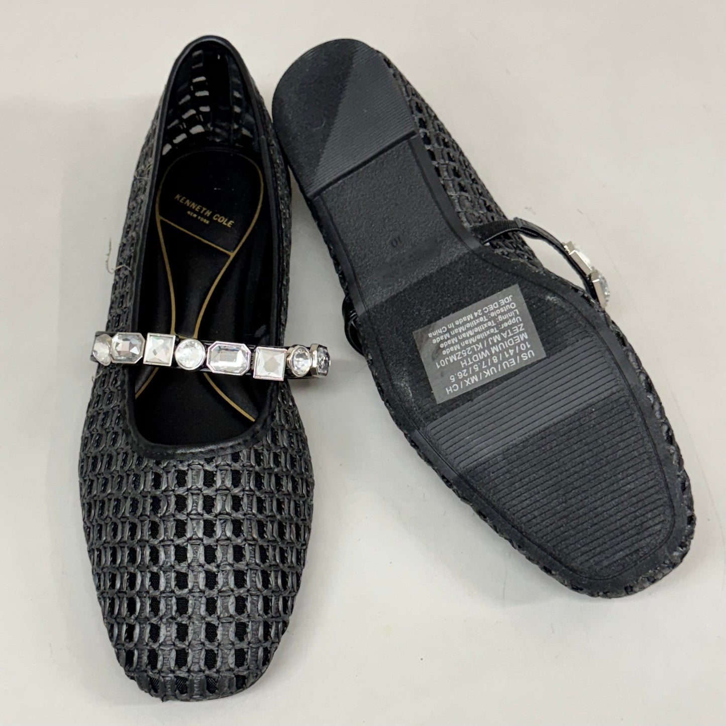 KENNETH COLE New York Zeta Raffia Jewel Jane Flat Women's Sz 10 Black KL25ZMJ01