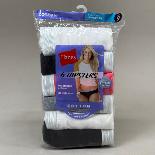 HANES (6 PACK!) Women's Hipster Cotton Underwear Sz-9 White/Black/Grey PP41SB