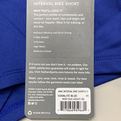 NATHAN Interval 3" Inseam Bike Short Womens Sodalite Blue Sz XS NS51040-60247-XS