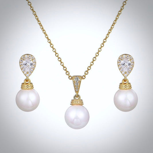 "Louella" - Pearl and Cubic Zirconia Jewelry Set - Available in Gold and Silver