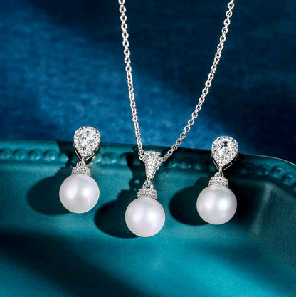 "Louella" - Pearl and Cubic Zirconia Jewelry Set - Available in Gold and Silver