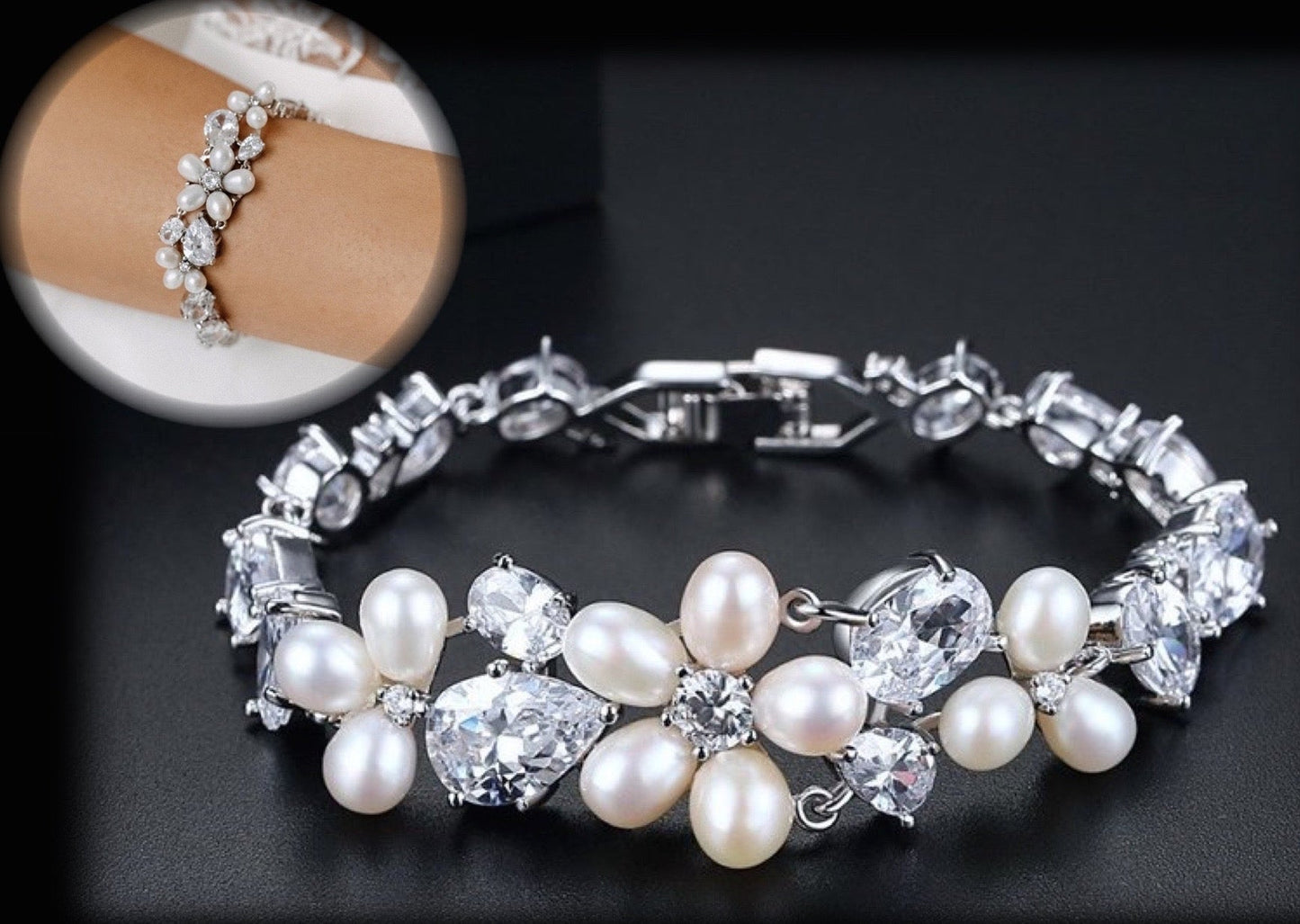 Eloise - Freshwater Pearl and Cubic Zirconia Bridal Bracelet - Available in Rose Gold and Silver
