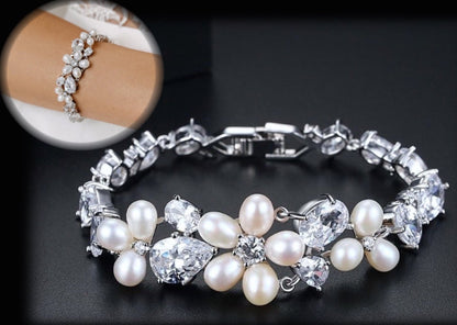 Eloise - Freshwater Pearl and Cubic Zirconia Bridal Bracelet - Available in Rose Gold and Silver
