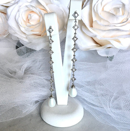 "Mercedes" - Pearl and Cubic Zirconia Long Bridal Earrings