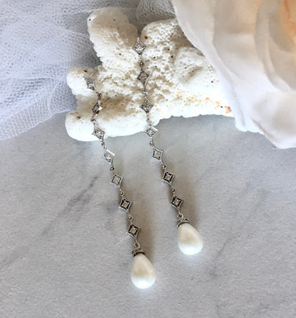 "Mercedes" - Pearl and Cubic Zirconia Long Bridal Earrings