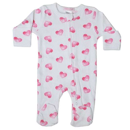 Baby Two-Way Zipper Footie - Pink Watercolor Hearts