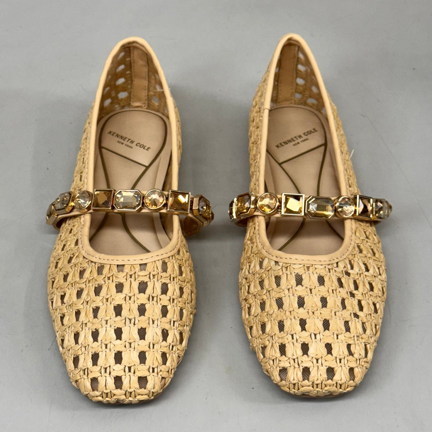 KENNETH COLE  New York Zeta Raffia Jewel Jane Flat Women's Sz 5 Tan KL25ZMJ01