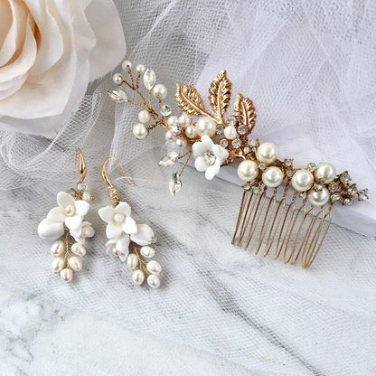 "Claudine" - Ceramic Flowers Bridal Hair Comb and Earrings Set Gold