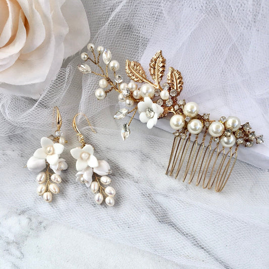 "Claudine" - Ceramic Flowers Bridal Hair Comb and Earrings Set Gold