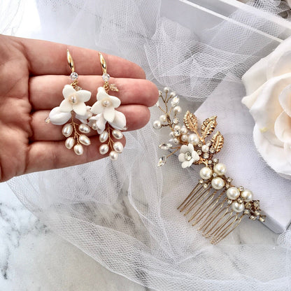 "Claudine" - Ceramic Flowers Bridal Hair Comb and Earrings Set Gold