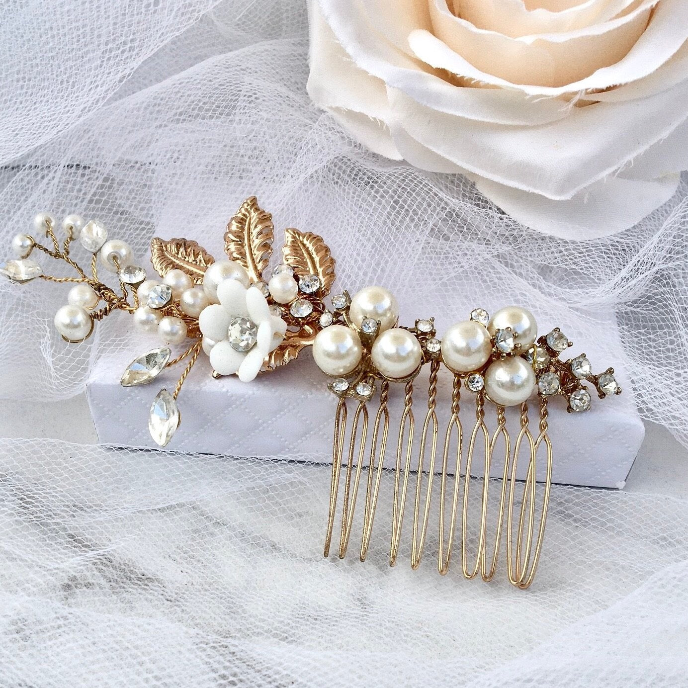 "Claudine" - Ceramic Flowers Bridal Hair Comb and Earrings Set Gold