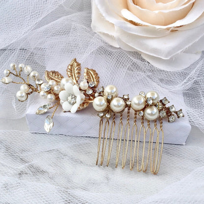 "Claudine" - Ceramic Flowers Bridal Hair Comb and Earrings Set Gold