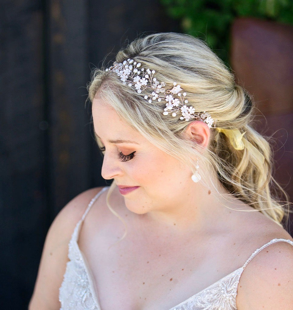 "Angelina" - Pearl and Crystal Bridal Headband - Available in Silver, Rose Gold and Yellow Gold