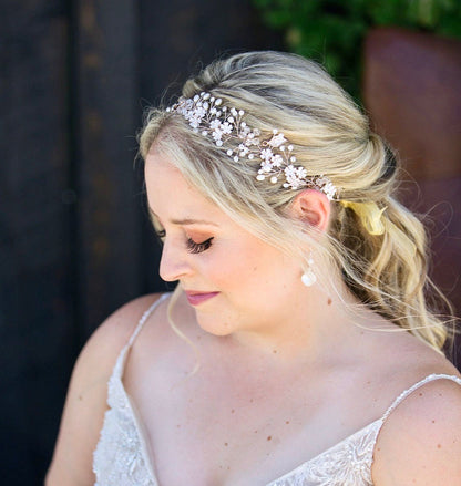"Angelina" - Pearl and Crystal Bridal Headband - Available in Silver, Rose Gold and Yellow Gold