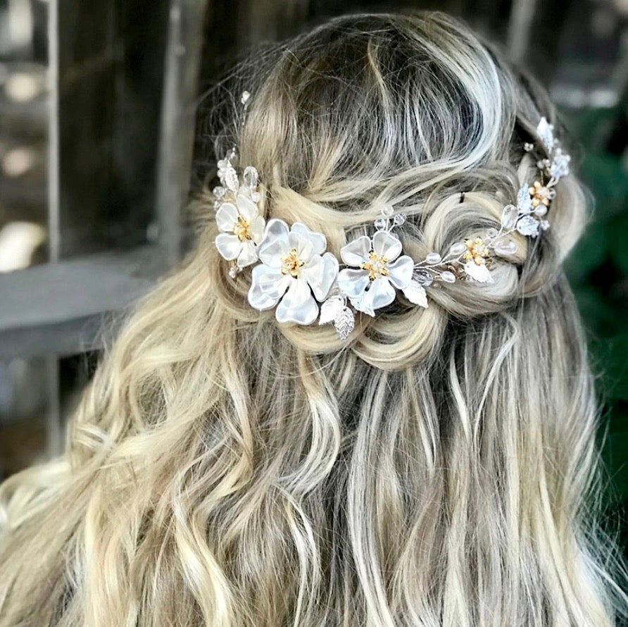 "Enola" - Floral Wedding Headband / Hair Vine - Available in Silver and Gold