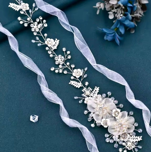Sarita - Silk Flowers Crystal and Pearl Bridal Belt/Sash