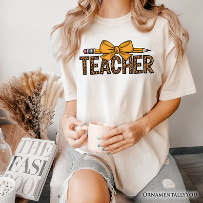 Teacher Leopard Pencil T-Shirt, Coquette Bow Retro Classroom Tee for Educators