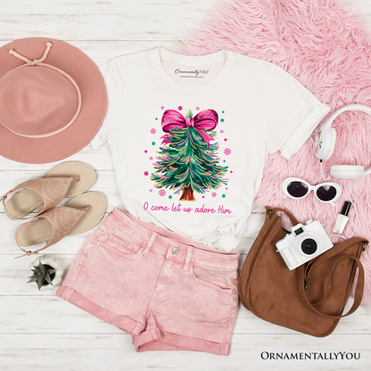 Glitter Christmas Tree Coquette Bow T‑Shirt, O Come Let Us Adore Him Holiday Tee