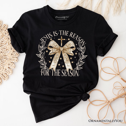 Jesus Is the Reason Christmas T‑Shirt, Coquette Gold Bow Cross Tee for Faithful Women