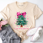 Glitter Christmas Tree Coquette Bow T‑Shirt, O Come Let Us Adore Him Holiday Tee