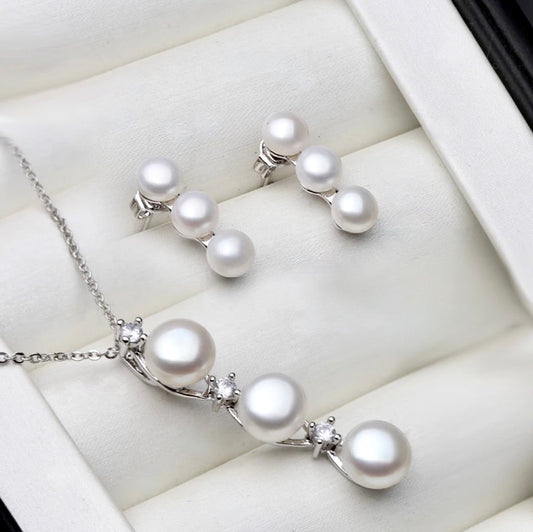 "Coraline" - Natural Pearl 925 Sterling Silver Bridal Jewelry Set - More Colors Available