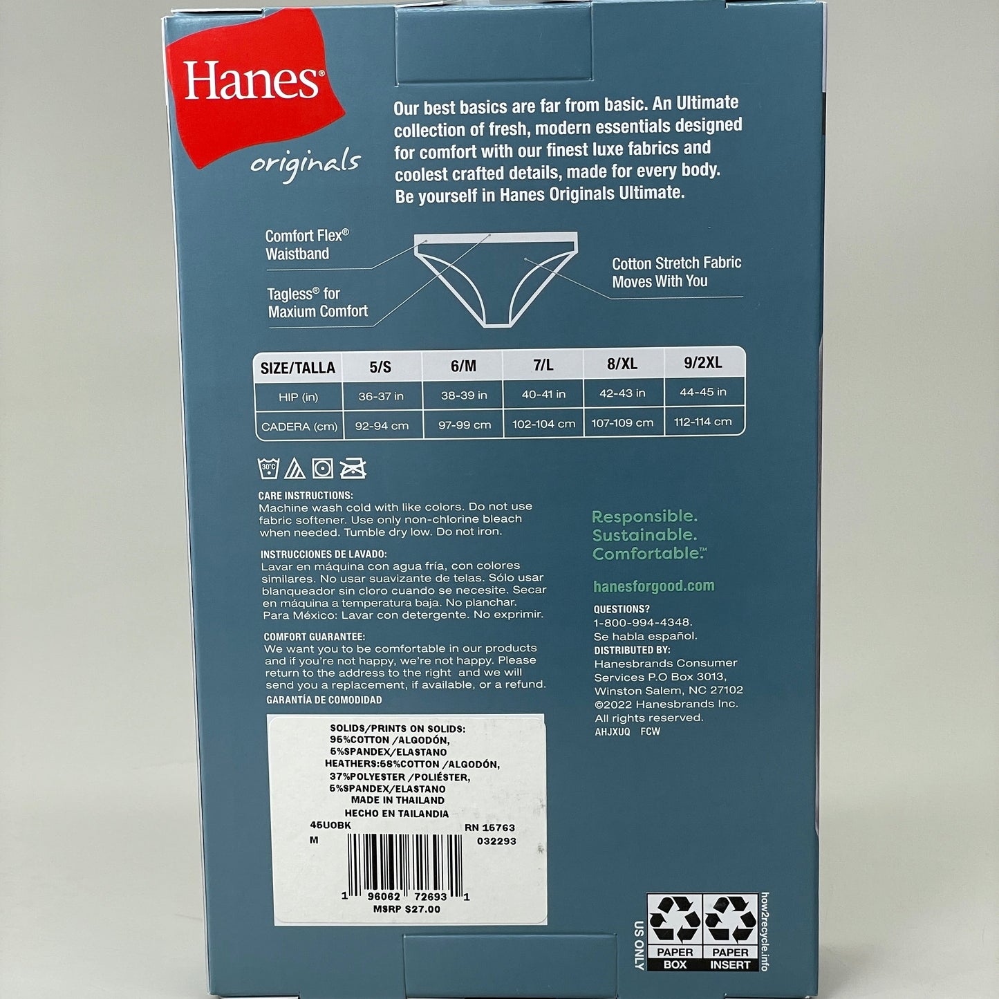 HANES 3 PACK!! Originals Women's Breathable Cotton Bikini Underwear Sz 6/M Black/Heather/Stripe 45OUBK