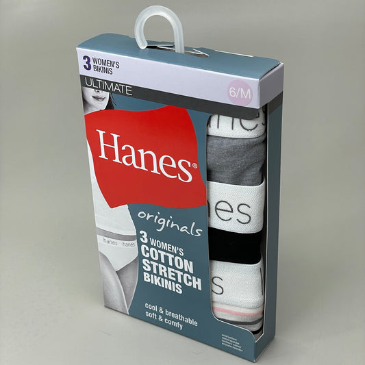 HANES 3 PACK!! Originals Women's Breathable Cotton Bikini Underwear Sz 6/M Black/Heather/Stripe 45OUBK