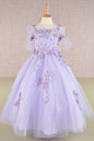 3D Floral Applique Mesh Kids Dress with Long Back Hem